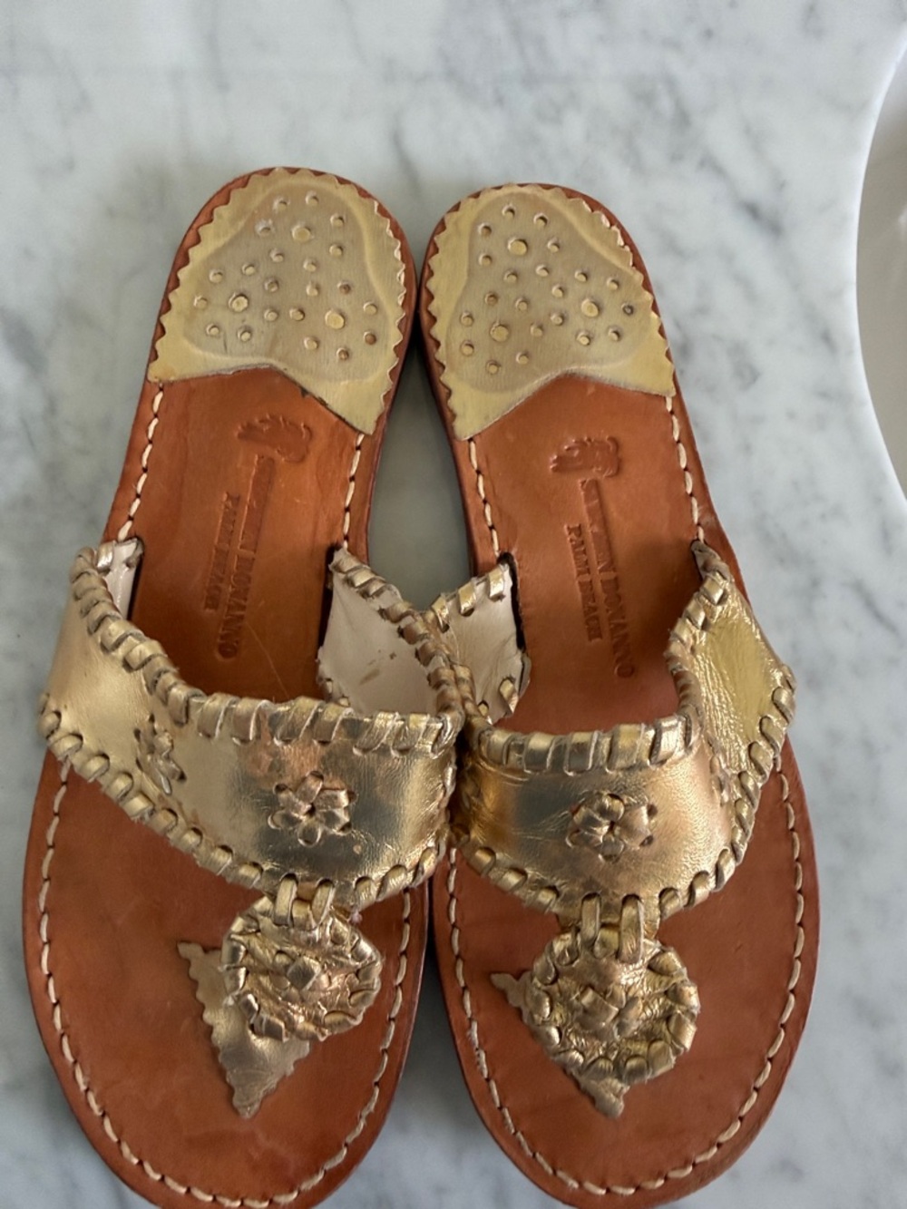 Gold Leather Women's Slide Sandals with Embossed Floral Accents
